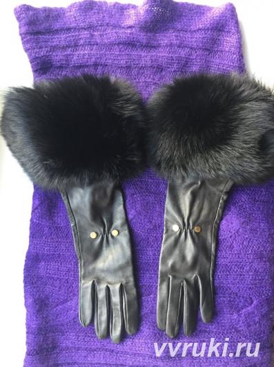 Перчатки новые versace италия кожа черные мех лиса песец двойной разме ...